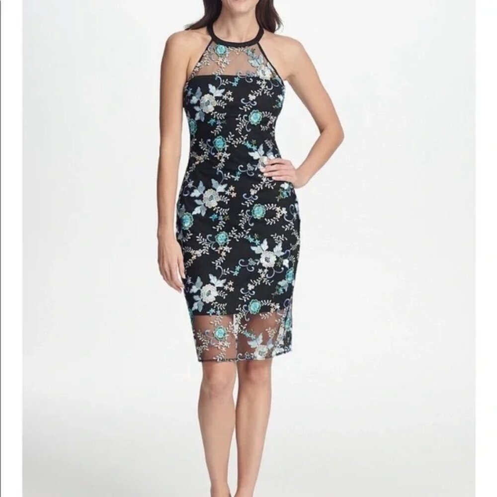Guess women‎ 8 midi mesh sheath dress floral embroidery, Halter Neck, Sleeveless